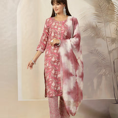 Stylum Women's Mauve Tropical Printed Cotton Blend Straight Kurta Pant Dupatta Set (KPDMAUVEEALY)