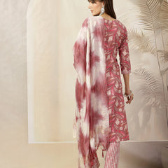Stylum Women's Mauve Tropical Printed Cotton Blend Straight Kurta Pant Dupatta Set (KPDMAUVEEALY)