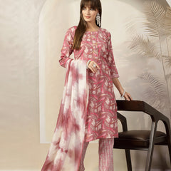 Stylum Women's Mauve Tropical Printed Cotton Blend Straight Kurta Pant Dupatta Set (KPDMAUVEEALY)