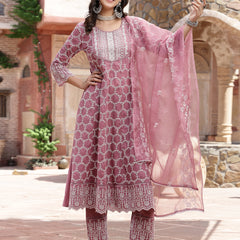 Stylum Women's Mauve Embroidered Silk Blend Anarkali Kurta Pant Dupatta Set (KPDMAUVEMAGGY)