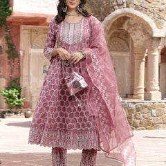 Stylum Women's Mauve Embroidered Silk Blend Anarkali Kurta Pant Dupatta Set (KPDMAUVEMAGGY)