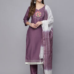 Stylum Women's Embroidered Chinnon Straight Kurta Pant Dupatta Set (KPDMAUVEMAYA)