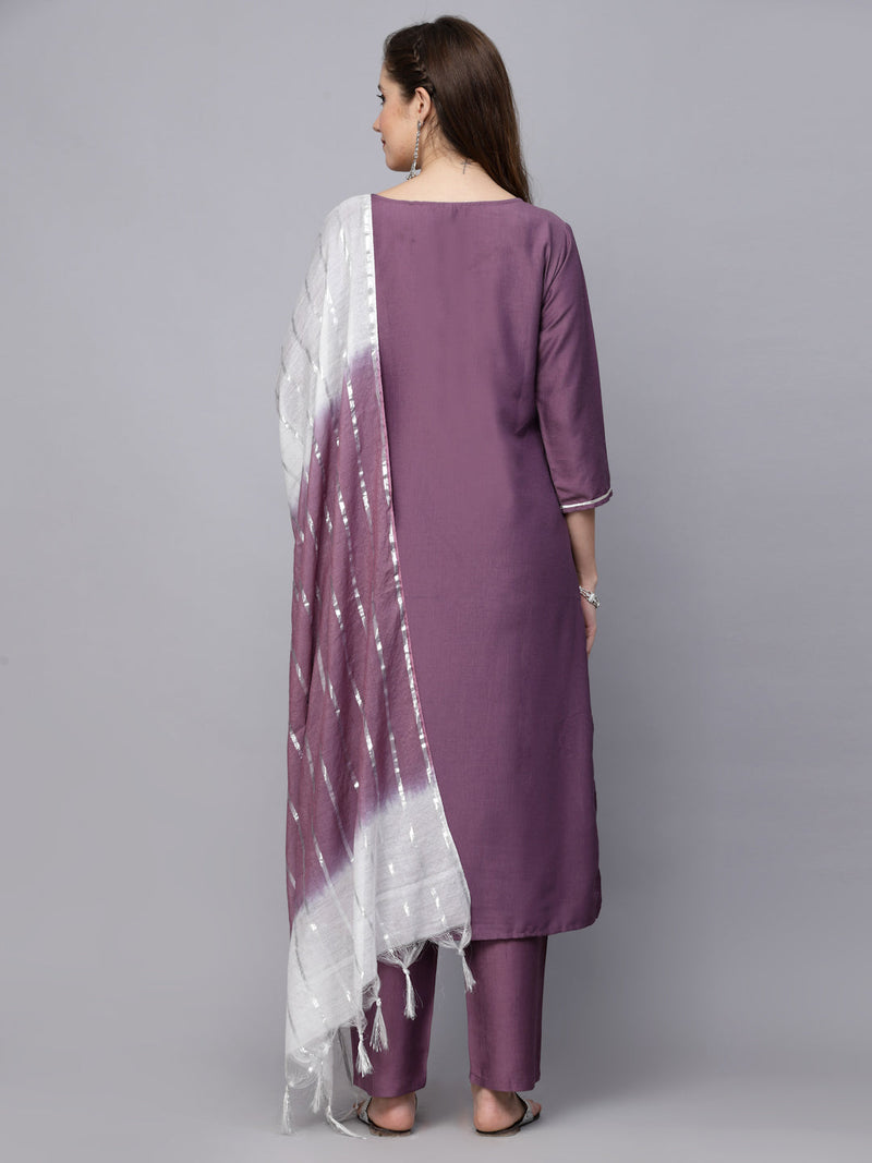 Stylum Women's Embroidered Chinnon Straight Kurta Pant Dupatta Set (KPDMAUVEMAYA)