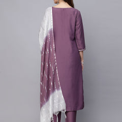 Stylum Women's Embroidered Chinnon Straight Kurta Pant Dupatta Set (KPDMAUVEMAYA)