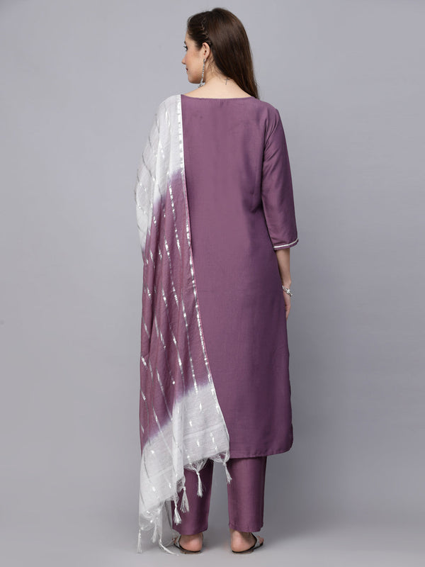 Stylum Women's Embroidered Chinnon Straight Kurta Pant Dupatta Set (KPDMAUVEMAYA)