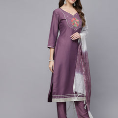 Stylum Women's Embroidered Chinnon Straight Kurta Pant Dupatta Set (KPDMAUVEMAYA)