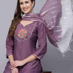 Stylum Women's Embroidered Chinnon Straight Kurta Pant Dupatta Set (KPDMAUVEMAYA)