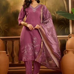 Stylum Women's Mauve Solid & Embroidered Silk Blend Straight Kurta Pant Dupatta Set (KPDMAUVEMETRI)