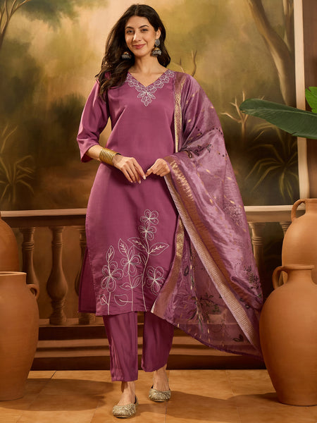 Stylum Women's Mauve Solid & Embroidered Silk Blend Straight Kurta Pant Dupatta Set (KPDMAUVEMETRI)