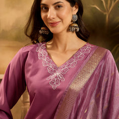 Stylum Women's Mauve Solid & Embroidered Silk Blend Straight Kurta Pant Dupatta Set (KPDMAUVEMETRI)