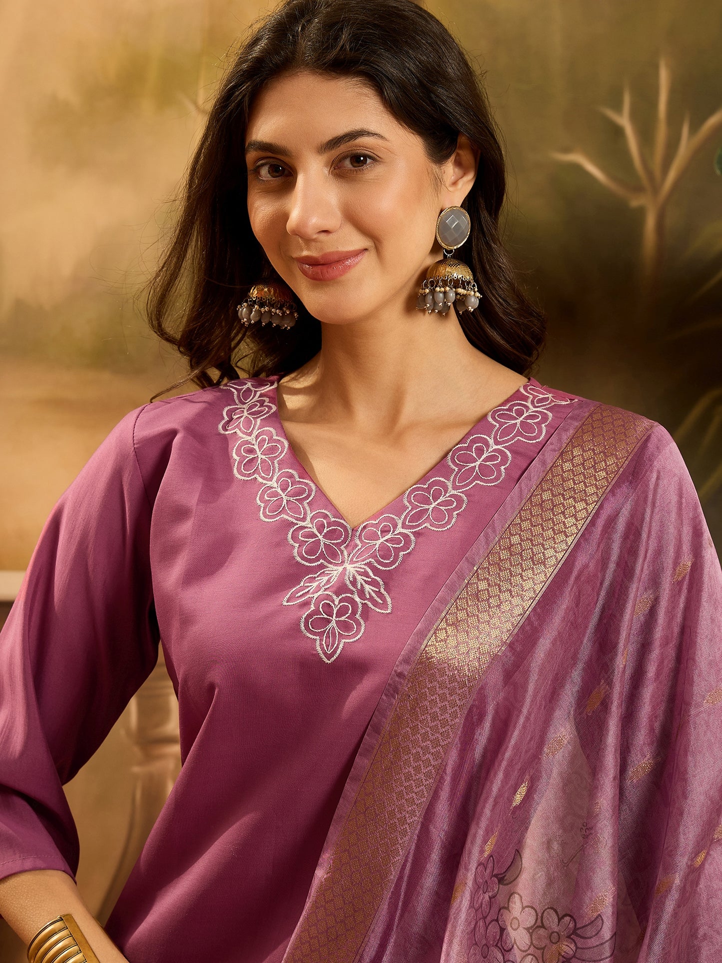 Stylum Women's Mauve Solid & Embroidered Silk Blend Straight Kurta Pant Dupatta Set (KPDMAUVEMETRI)