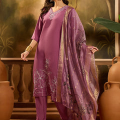 Stylum Women's Mauve Solid & Embroidered Silk Blend Straight Kurta Pant Dupatta Set (KPDMAUVEMETRI)