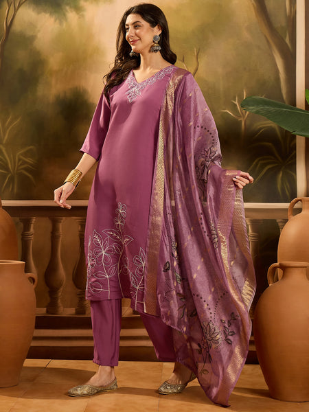 Stylum Women's Mauve Solid & Embroidered Silk Blend Straight Kurta Pant Dupatta Set (KPDMAUVEMETRI)