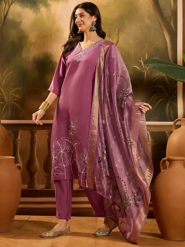 Stylum Women's Mauve Solid & Embroidered Silk Blend Straight Kurta Pant Dupatta Set (KPDMAUVEMETRI)