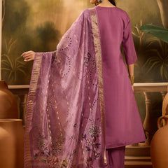 Stylum Women's Mauve Solid & Embroidered Silk Blend Straight Kurta Pant Dupatta Set (KPDMAUVEMETRI)