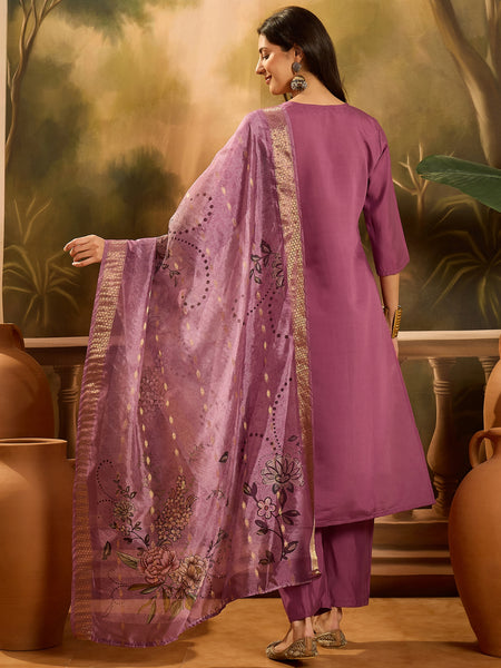 Stylum Women's Mauve Solid & Embroidered Silk Blend Straight Kurta Pant Dupatta Set (KPDMAUVEMETRI)