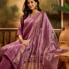 Stylum Women's Mauve Solid & Embroidered Silk Blend Straight Kurta Pant Dupatta Set (KPDMAUVEMETRI)