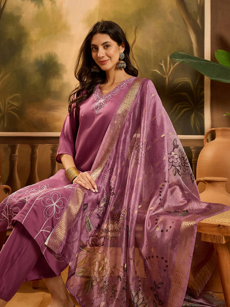 Stylum Women's Mauve Solid & Embroidered Silk Blend Straight Kurta Pant Dupatta Set (KPDMAUVEMETRI)