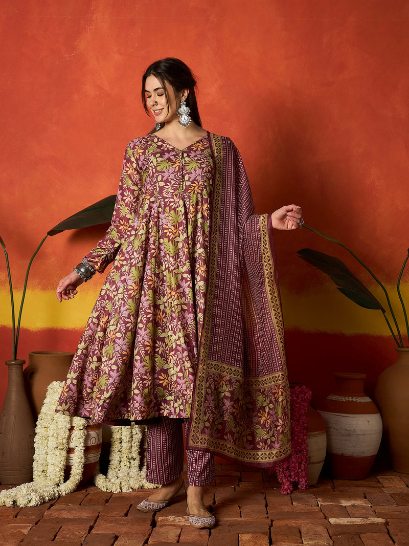 Stylum Women's Mauve Floral Printed Rayon Anarkali Kurta Pant Dupatta Set (KPDMAUVEMOHINA)