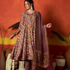 Stylum Women's Mauve Floral Printed Rayon Anarkali Kurta Pant Dupatta Set (KPDMAUVEMOHINA)