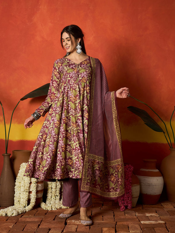 Stylum Women's Mauve Floral Printed Rayon Anarkali Kurta Pant Dupatta Set (KPDMAUVEMOHINA)