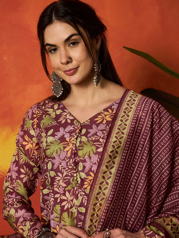 Stylum Women's Mauve Floral Printed Rayon Anarkali Kurta Pant Dupatta Set (KPDMAUVEMOHINA)