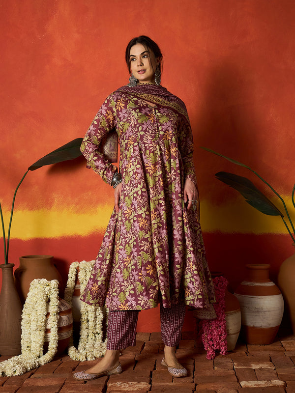 Stylum Women's Mauve Floral Printed Rayon Anarkali Kurta Pant Dupatta Set (KPDMAUVEMOHINA)