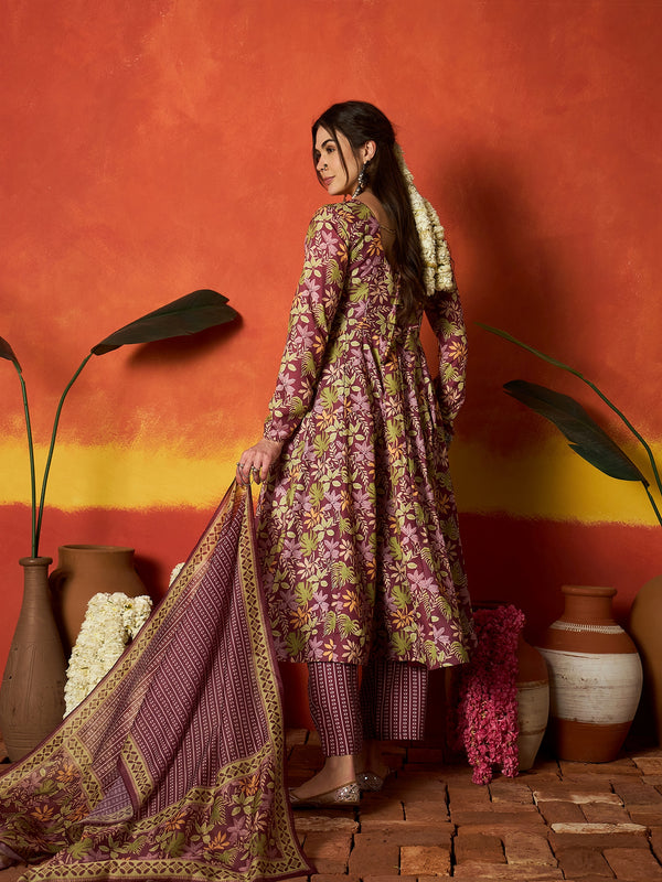 Stylum Women's Mauve Floral Printed Rayon Anarkali Kurta Pant Dupatta Set (KPDMAUVEMOHINA)