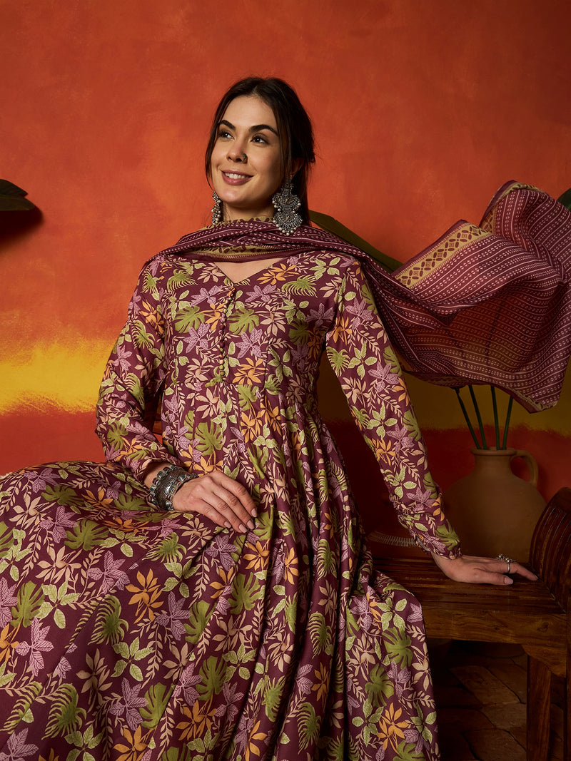 Stylum Women's Mauve Floral Printed Rayon Anarkali Kurta Pant Dupatta Set (KPDMAUVEMOHINA)