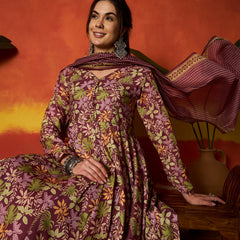 Stylum Women's Mauve Floral Printed Rayon Anarkali Kurta Pant Dupatta Set (KPDMAUVEMOHINA)