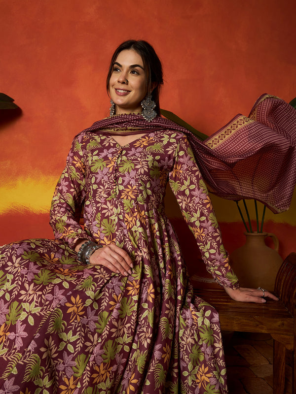 Stylum Women's Mauve Floral Printed Rayon Anarkali Kurta Pant Dupatta Set (KPDMAUVEMOHINA)