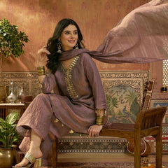 Stylum Women's Mauve Solid & Embroidered Poly Silk A-Line Kurti Palazzo Dupatta Set (KPDMAUVEPIPER)