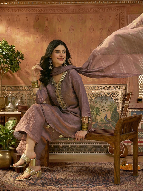 Stylum Women's Mauve Solid & Embroidered Poly Silk A-Line Kurti Palazzo Dupatta Set (KPDMAUVEPIPER)
