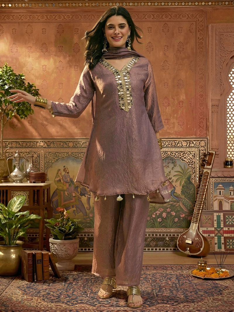 Stylum Women's Mauve Solid & Embroidered Poly Silk A-Line Kurti Palazzo Dupatta Set (KPDMAUVEPIPER)