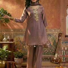 Stylum Women's Mauve Solid & Embroidered Poly Silk A-Line Kurti Palazzo Dupatta Set (KPDMAUVEPIPER)
