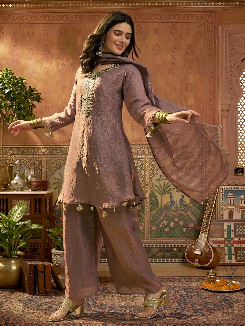 Stylum Women's Mauve Solid & Embroidered Poly Silk A-Line Kurti Palazzo Dupatta Set (KPDMAUVEPIPER)