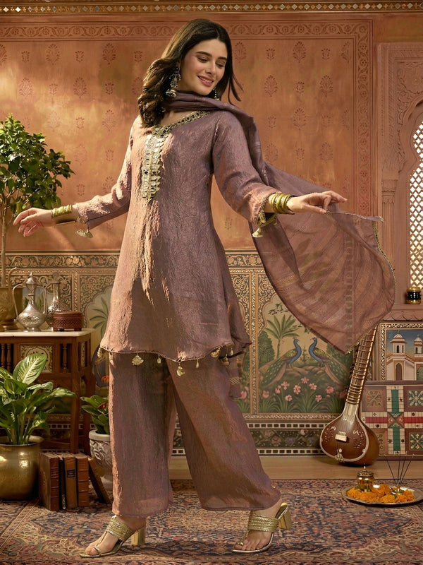 Stylum Women's Mauve Solid & Embroidered Poly Silk A-Line Kurti Palazzo Dupatta Set (KPDMAUVEPIPER)