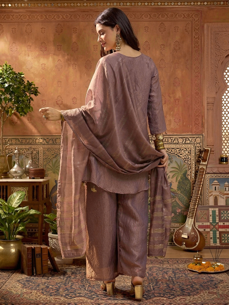 Stylum Women's Mauve Solid & Embroidered Poly Silk A-Line Kurti Palazzo Dupatta Set (KPDMAUVEPIPER)