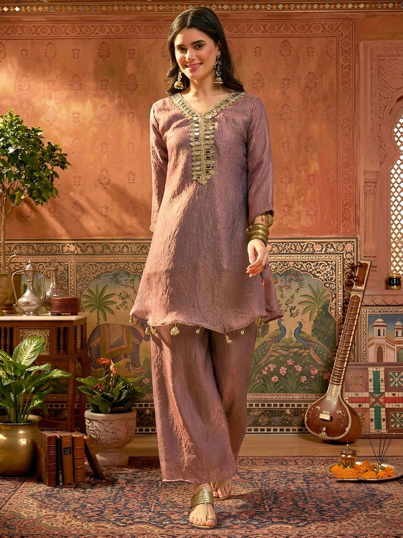 Stylum Women's Mauve Solid & Embroidered Poly Silk A-Line Kurti Palazzo Dupatta Set (KPDMAUVEPIPER)