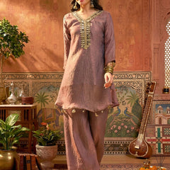 Stylum Women's Mauve Solid & Embroidered Poly Silk A-Line Kurti Palazzo Dupatta Set (KPDMAUVEPIPER)