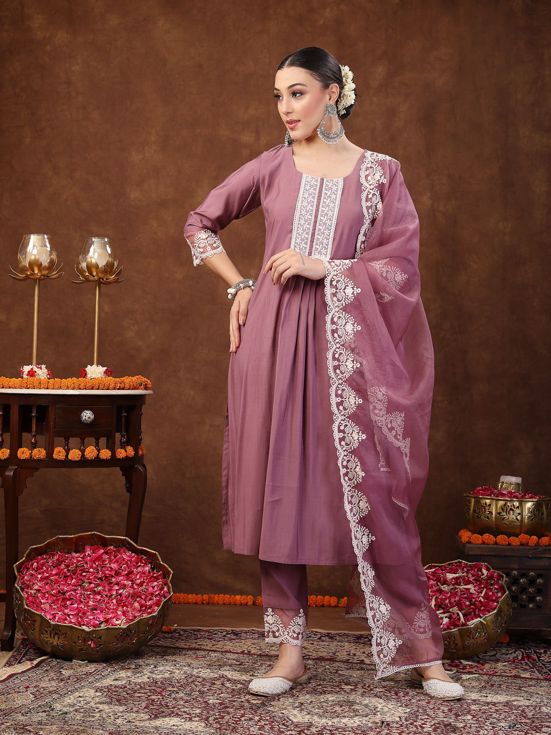 Stylum Women's Mauve Embroidered Silk Blend Straight Kurta Pant Dupatta Set (KPDMAUVERAJNI)