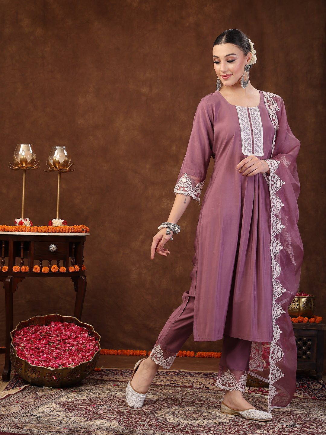 Stylum Women's Mauve Embroidered Silk Blend Straight Kurta Pant Dupatta Set (KPDMAUVERAJNI)