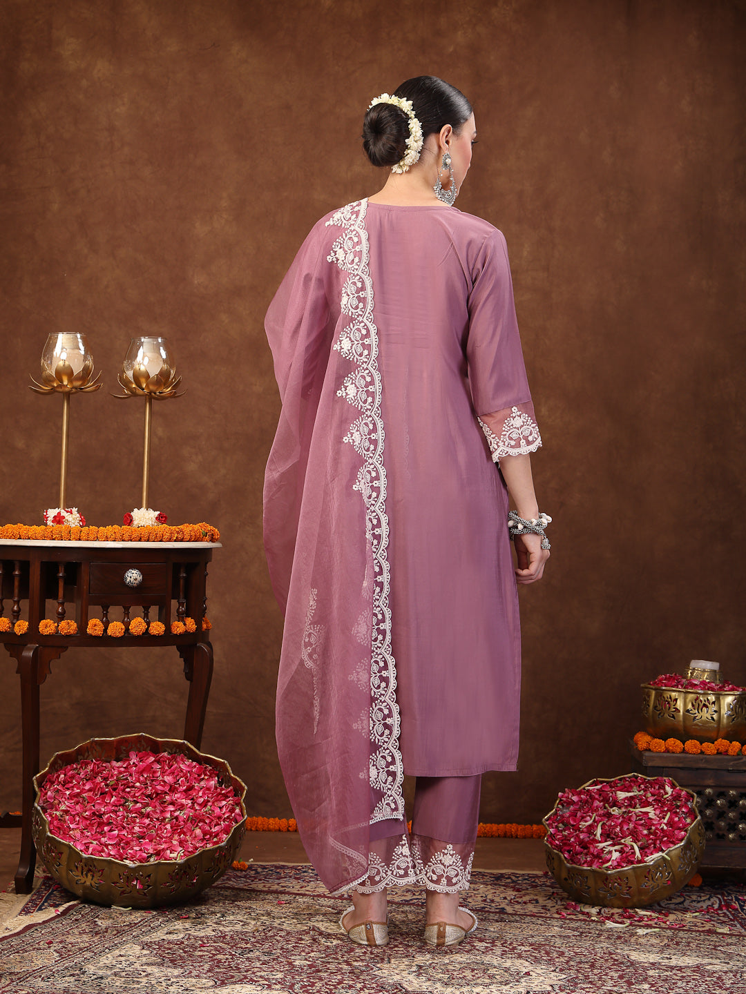 Stylum Women's Mauve Embroidered Silk Blend Straight Kurta Pant Dupatta Set (KPDMAUVERAJNI)