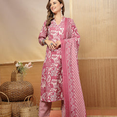 Stylum Women's Mauve Floral Printed Cotton Blend Straight Kurta Pant Dupatta Set (KPDMAUVERESHA)