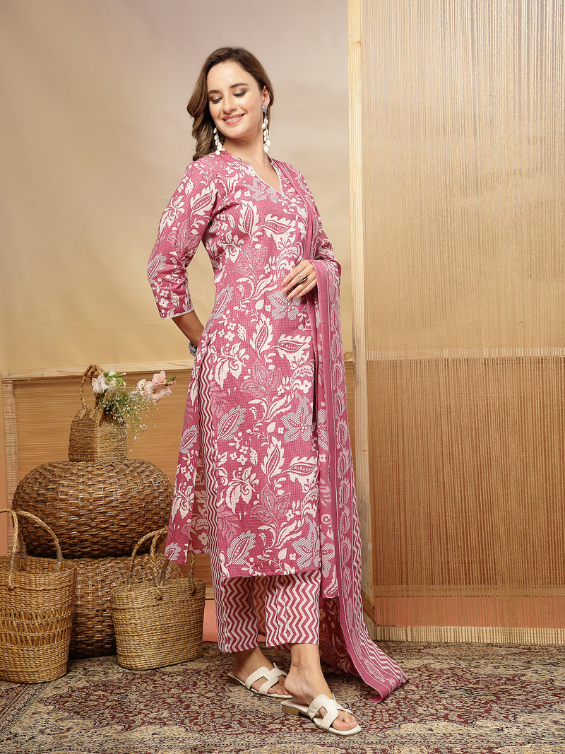 Stylum Women's Mauve Floral Printed Cotton Blend Straight Kurta Pant Dupatta Set (KPDMAUVERESHA)