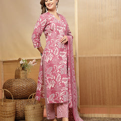 Stylum Women's Mauve Floral Printed Cotton Blend Straight Kurta Pant Dupatta Set (KPDMAUVERESHA)