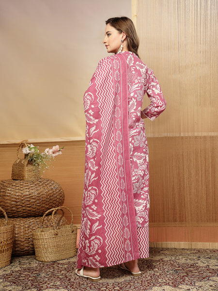 Stylum Women's Mauve Floral Printed Cotton Blend Straight Kurta Pant Dupatta Set (KPDMAUVERESHA)