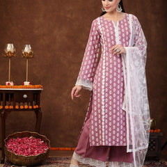 Stylum Women's Floral Printed Rayon Straight Kurta Palazzo Dupatta Set (KPDMAUVERIDA)