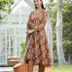 Stylum Women's Brown Floral Buta Printed Rayon A-Line Kurta Pant Dupatta Set (KPDMOUSESOMER)
