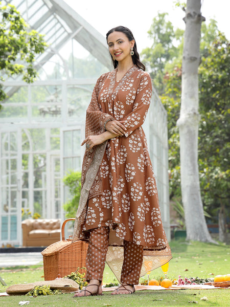 Stylum Women's Brown Floral Buta Printed Rayon A-Line Kurta Pant Dupatta Set (KPDMOUSESOMER)